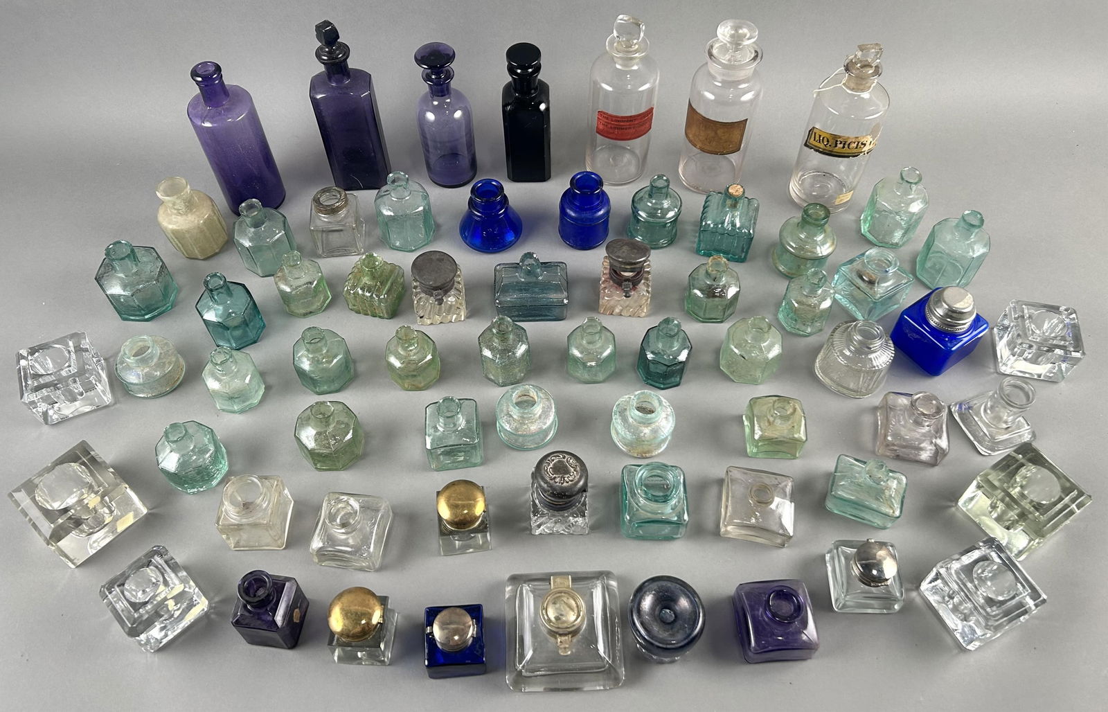 COLLECTION OF GLASS INKWELLS AND APOTHECARY BOTTLES 19th Century Heights from 2" to 8". (1 of 4)