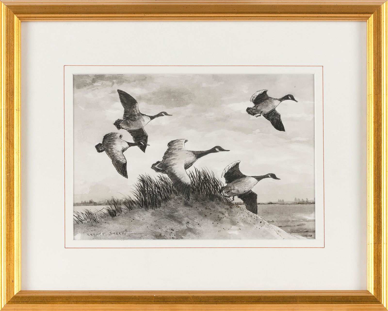 RACKET (WARREN) SHREVE (Massachusetts, 1944-), “Canada Geese II”., Pen and ink,: RACKET (WARREN) SHREVEMassachusetts, 1944-“Canada Geese II”. Signed lower left “Racket Shreve". Titled verso.Pen and ink, 6.5” x 9.5” sight. Framed 12” x 15”.