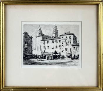 HERMAN ARMOUR WEBSTER (New York/France, 1878-1970), The Little Market. Etching, 6”: HERMAN ARMOUR WEBSTERNew York/France, 1878-1970The Little Market. Signed lower right “H. Webster”. Frederick Keppel label verso.Etching, 6” x 7”. Framed 11.25” x 13”.