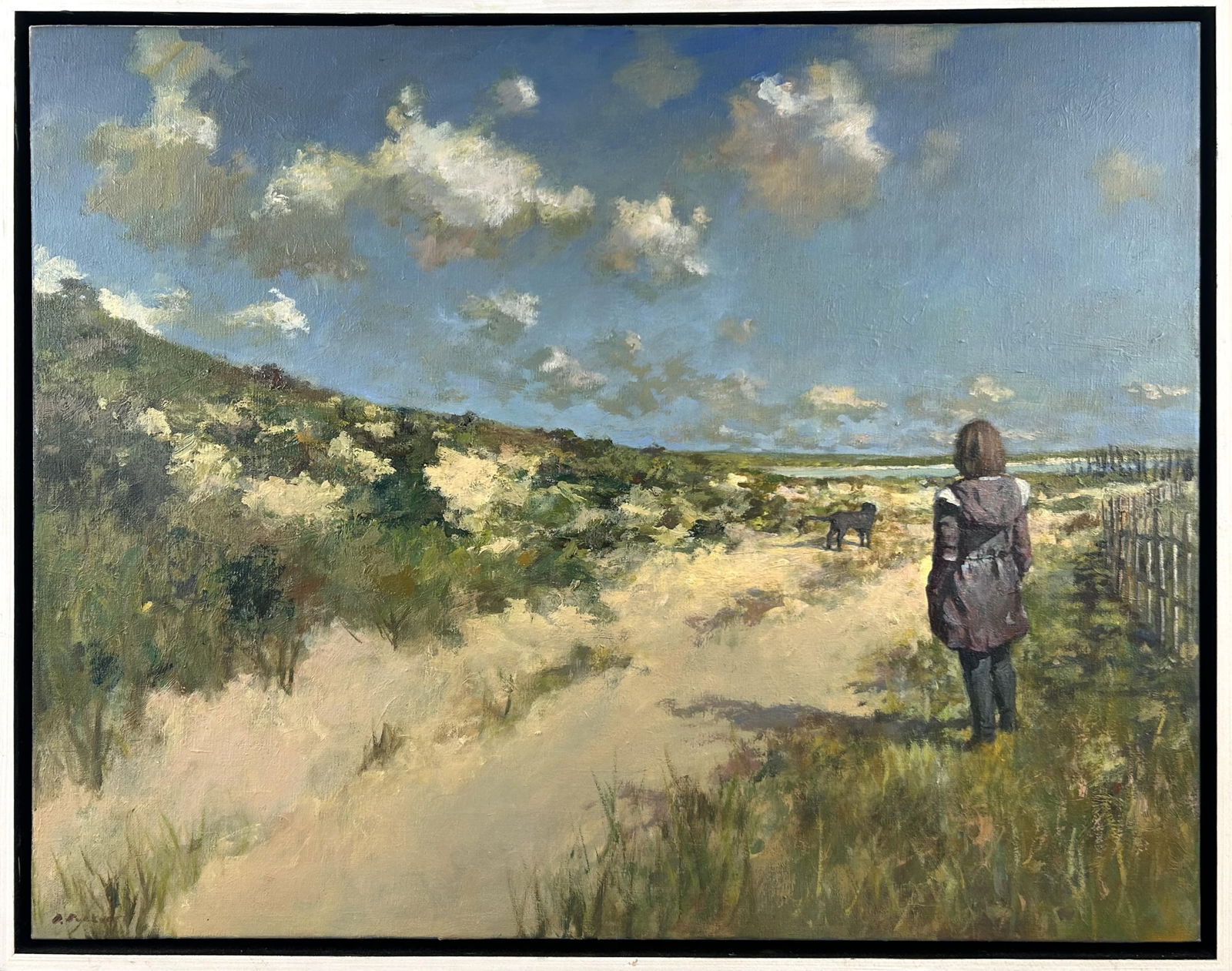 AMERICAN SCHOOL (Contemporary,), Woman walking her dog at the beach., Oil on canvas, 22" x 28". (1 of 3)