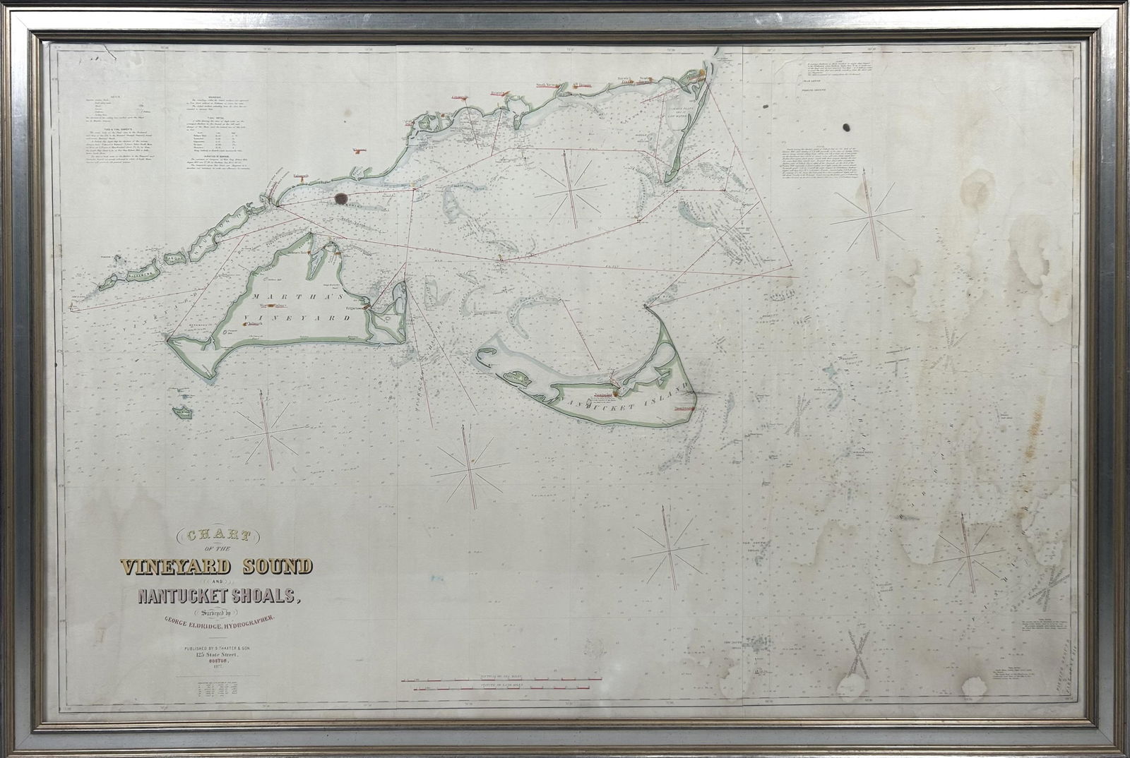 REPRODUCTION "CHART OF THE VINEYARD SOUND AND NANTUCKET SHOALS" Late 20th Century 34" x 52". Framed: REPRODUCTION "CHART OF THE VINEYARD SOUND AND NANTUCKET SHOALS"Late 20th CenturyAfter George Eldridge.34" x 52". Framed 38" x 56".