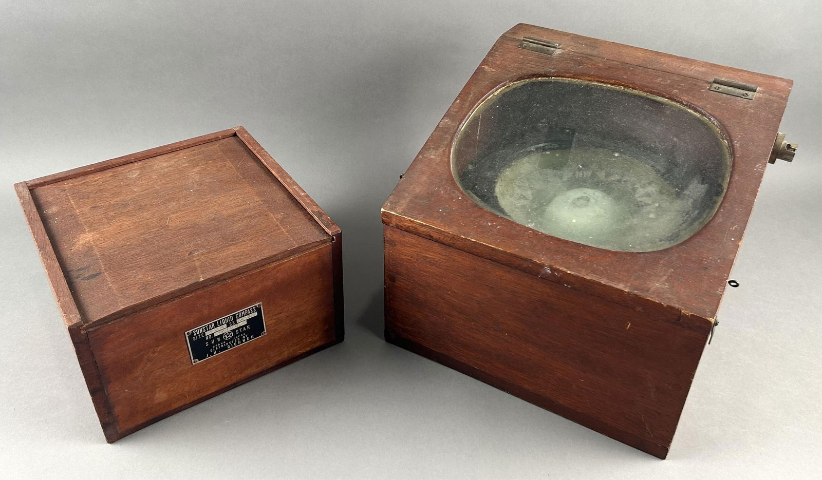 TWO BOXED BOAT COMPASSES 20th Century Box heights 5.5" and 10". (1 of 5)