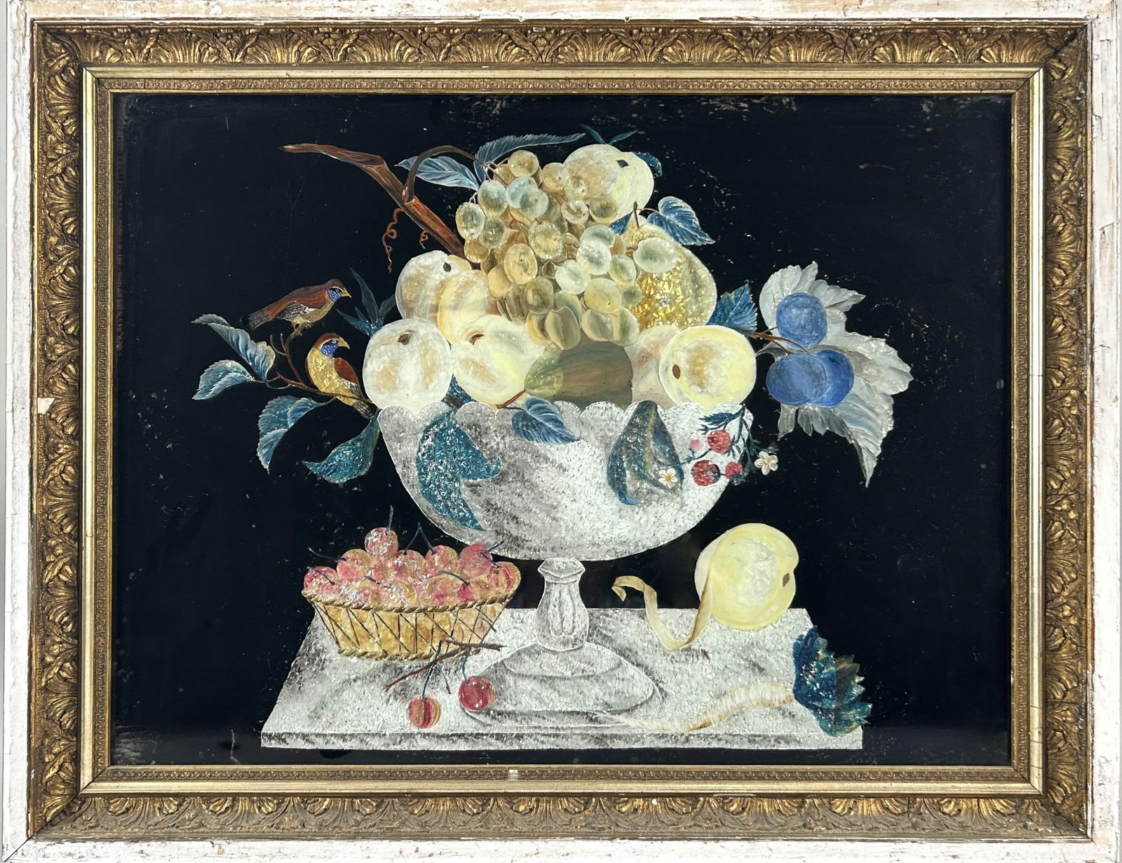 FOIL AND REVERSE PAINTING ON GLASS Mid-19th Century 17.5" x 23.5" sight. Framed 22" x 28". (1 of 2)