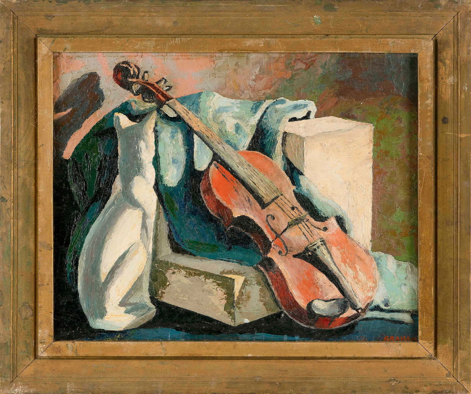 ROBERT GRAHAM (Missouri, 1919-2003), Still life of a violin and a ceramic cat., Oil on board, 16" x: ROBERT GRAHAMMissouri, 1919-2003Still life of a violin and a ceramic cat. Signed lower right "Graham".Oil on board, 16" x 20". Framed 21.5" x 25.5".