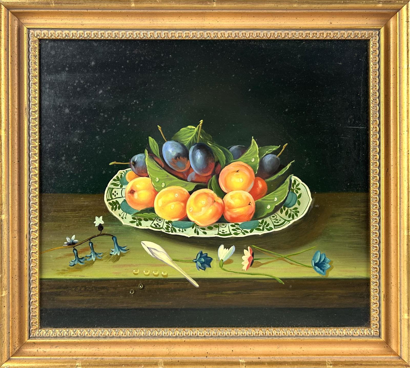AMERICAN SCHOOL (Mid- to Late 20th Century,), Tabletop still life of fruit and flowers., Oil on (1 of 2)