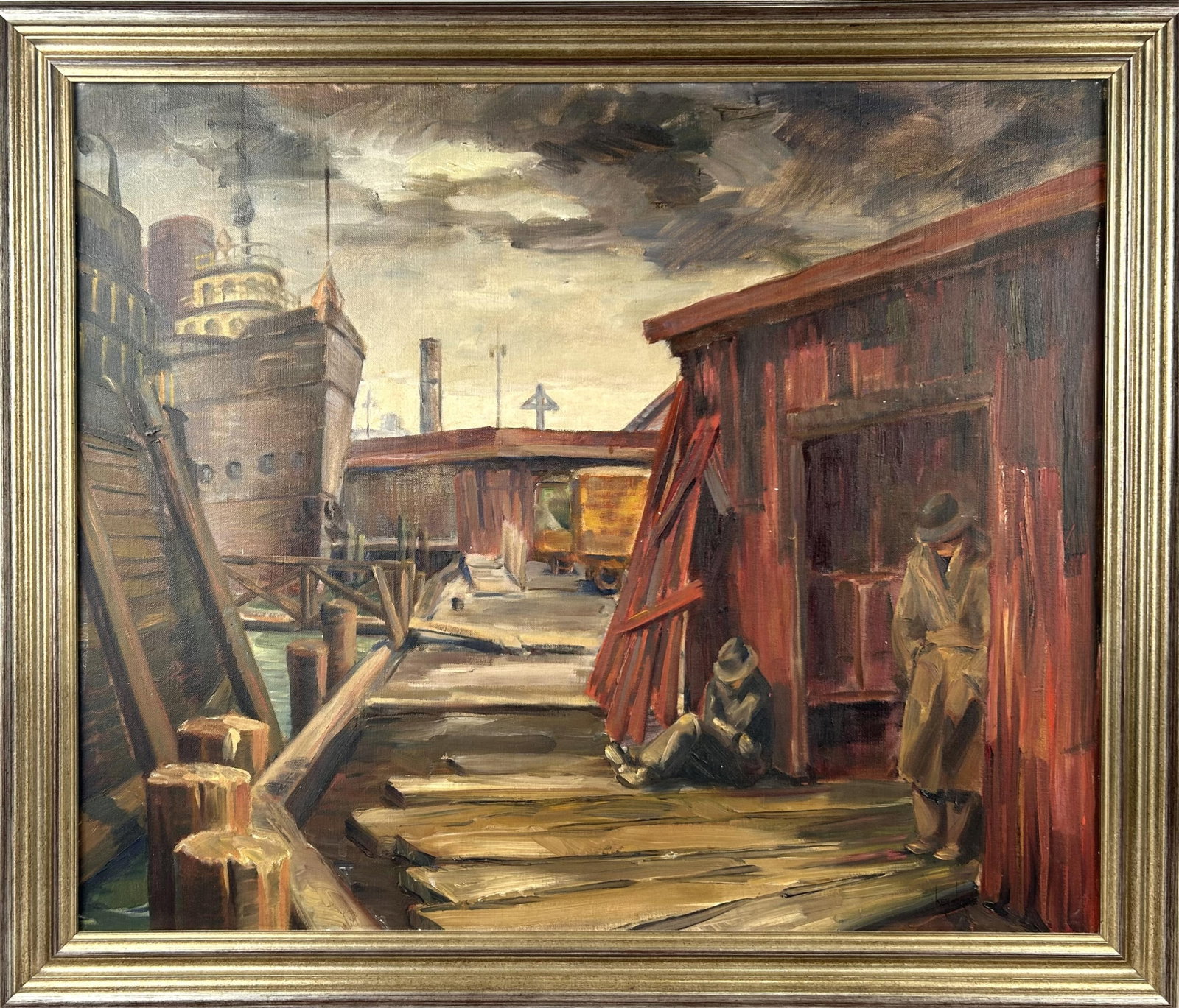 KEN GORE (Massachusetts/Illinois, 1911-1990), Men in a shipyard., Oil on canvas, 25" x 30". Framed: KEN GORE Massachusetts/Illinois, 1911-1990 Men in a shipyard. Signed lower right "Ken Gore". Oil on canvas, 25" x 30". Framed 29" x 35".