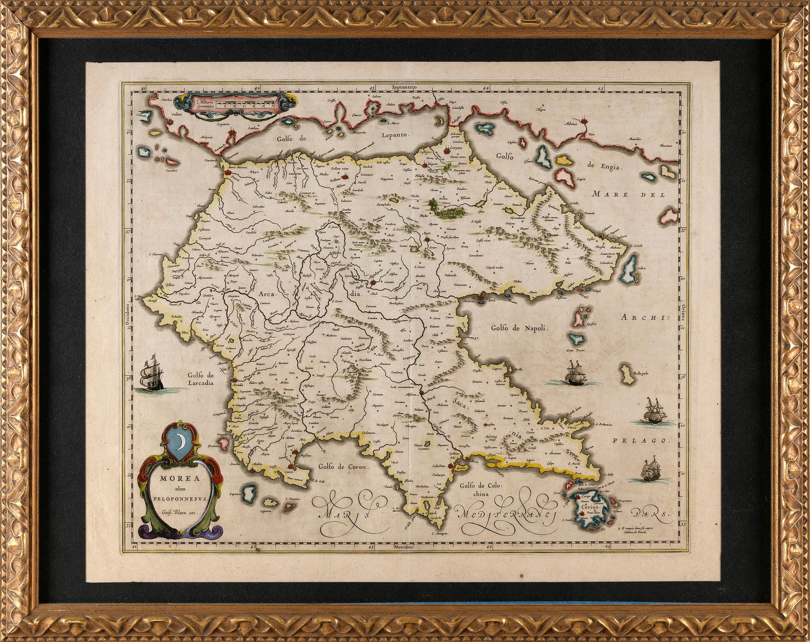 GUILJELMUS BLAEU ENGRAVED MAP OF GREECE "MOREA OLIM PELOPONNEUS" Amsterdam, 18th Century Sheet 18" x (1 of 2)
