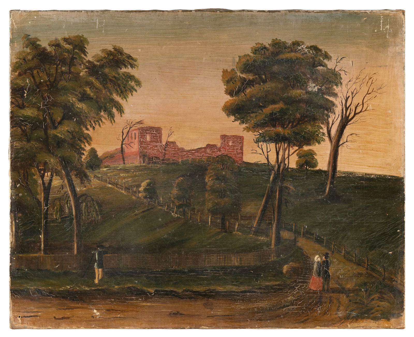 AMERICAN SCHOOL (19th Century,), Figures on a path leading to ruins., Oil on canvas, 17" x 21". (1 of 2)