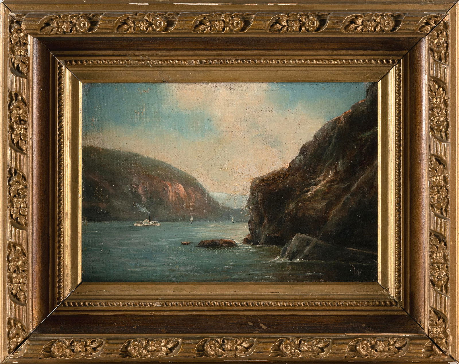 AMERICAN SCHOOL (19th Century,), Primitive Hudson River landscape with paddle-wheeler., Oil on (1 of 2)