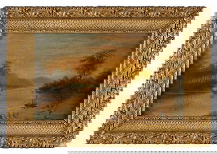 AMERICAN SCHOOL (19th Century,), Landscape with river and mountains., Oil on academy board, 7.25" x: AMERICAN SCHOOL19th CenturyLandscape with river and mountains. Faintly monogrammed lower right "S.R.G.". Possibly Sanford Robinson Gifford. Pencil inscription verso.Oil on academy board, 7.25" x 12".