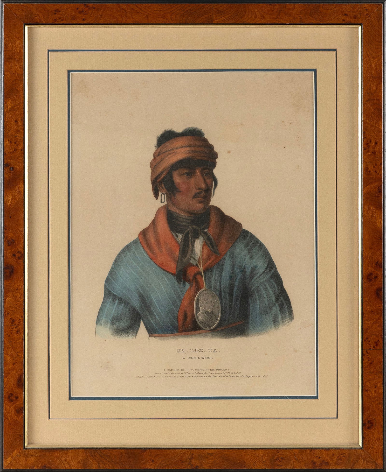 NATIVE AMERICAN PORTRAIT PRINT "SE-LOC-TA A CREEK CHIEF" 19th Century 16" x 12" sight. Framed 23.5" (1 of 2)