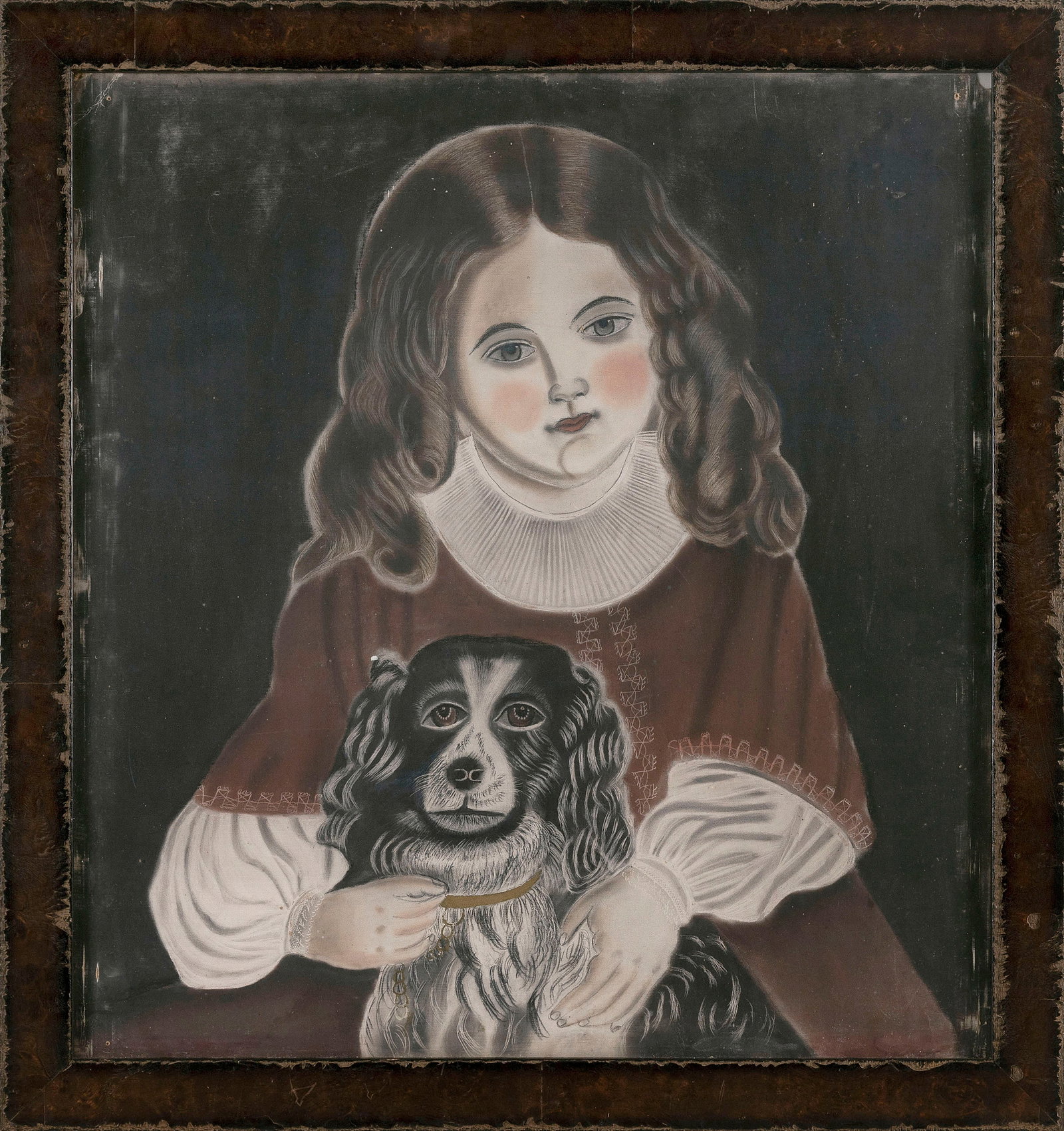 AMERICAN SCHOOL (Early 20th Century,), Portrait of a girl and her dog., Mixed media on paper, 22" x: AMERICAN SCHOOL Early 20th Century Portrait of a girl and her dog. Unsigned. Mixed media on paper, 22" x 20.5" sight. Framed 26" x 24".