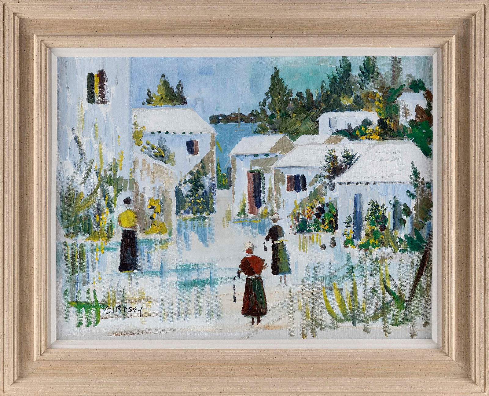 ALFRED BIRDSEY (Bermuda, 1912-1996), Figures in a harborside village., Oil on canvas, 18" x 24". (1 of 2)