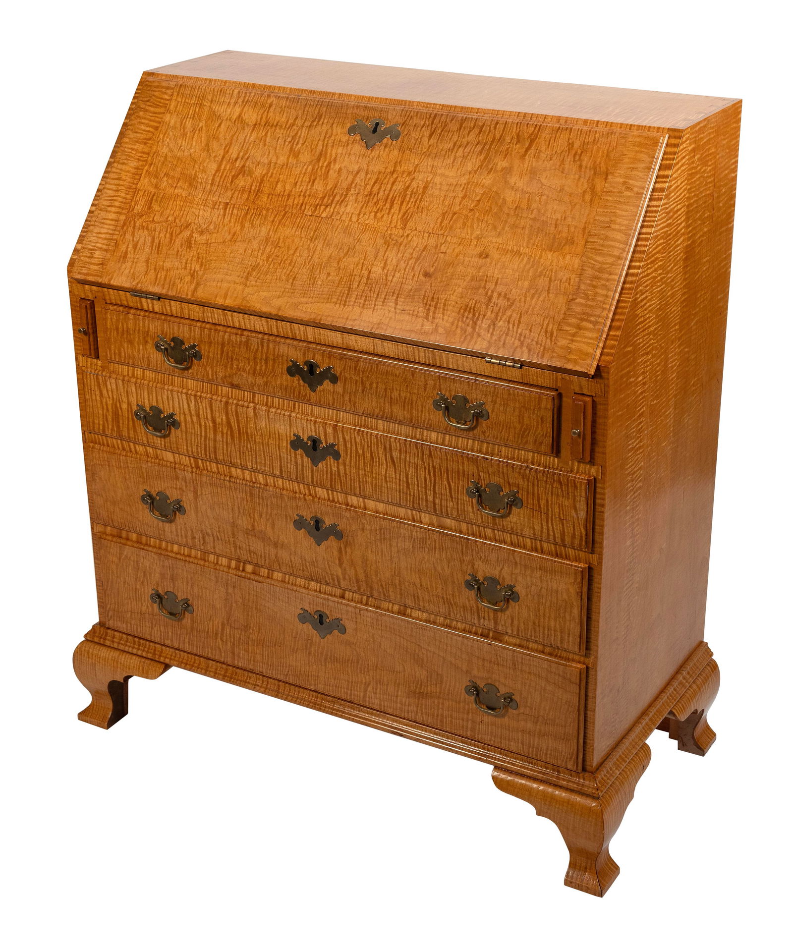 ELDRED WHEELER-TYPE TIGER MAPLE SLANT-LID DESK Late 20th Century Height 44.5". Width 35". Depth 18". (1 of 2)