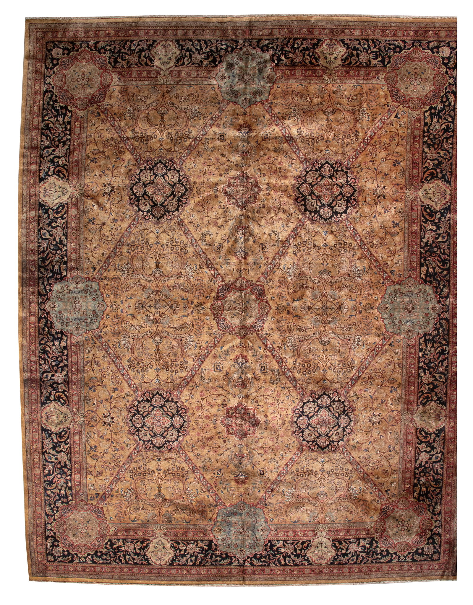 INDIAN RUG: 12’0" X 15’0" Late 20th Century: INDIAN RUG: 12’0" X 15’0" Late 20th Century Multiple onyx, dark red and dark sage green floral medallions are neatly arranged across a rich gold field and connected by a stout red vine. De