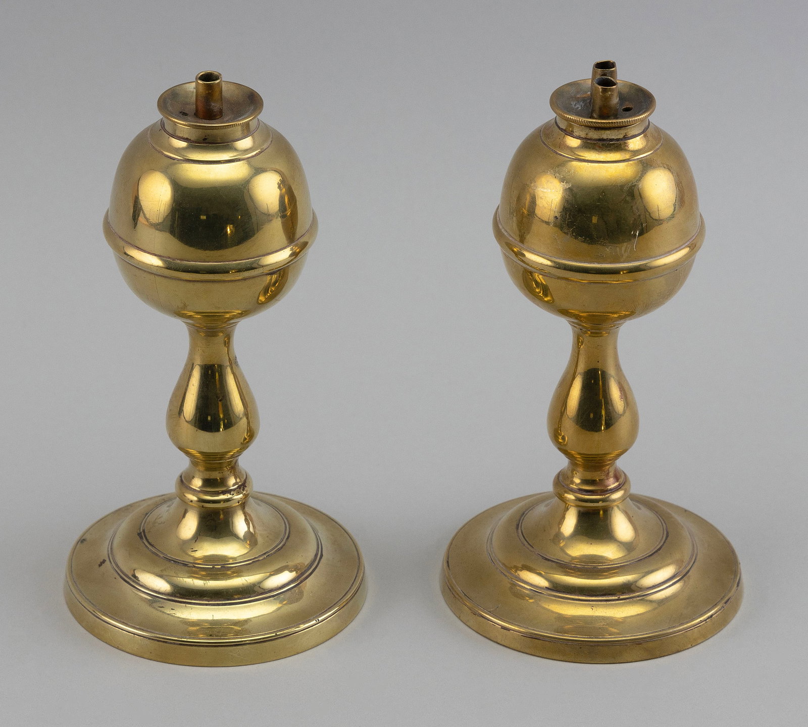 PAIR OF BRASS WHALE OIL LAMPS 19th Century Heights 6".: PAIR OF BRASS WHALE OIL LAMPS 19th Century Attributed to William Webb of Maine. Heights 6".