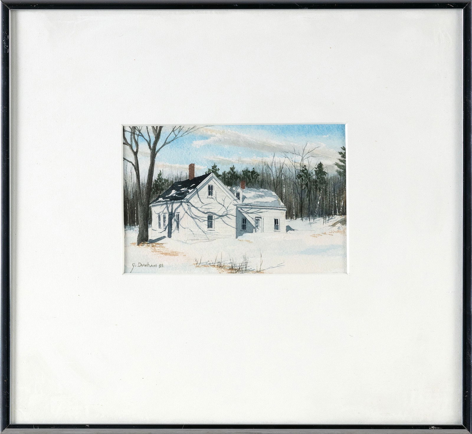 GREGORY DUNHAM (Massachusetts/Maine, 1946-), Snow-covered houses., Watercolor, 4" x 6" sight. Framed: GREGORY DUNHAMMassachusetts/Maine, 1946-Snow-covered houses. Signed lower left "G. Dunham".Watercolor, 4" x 6" sight. Framed 11" x 12".