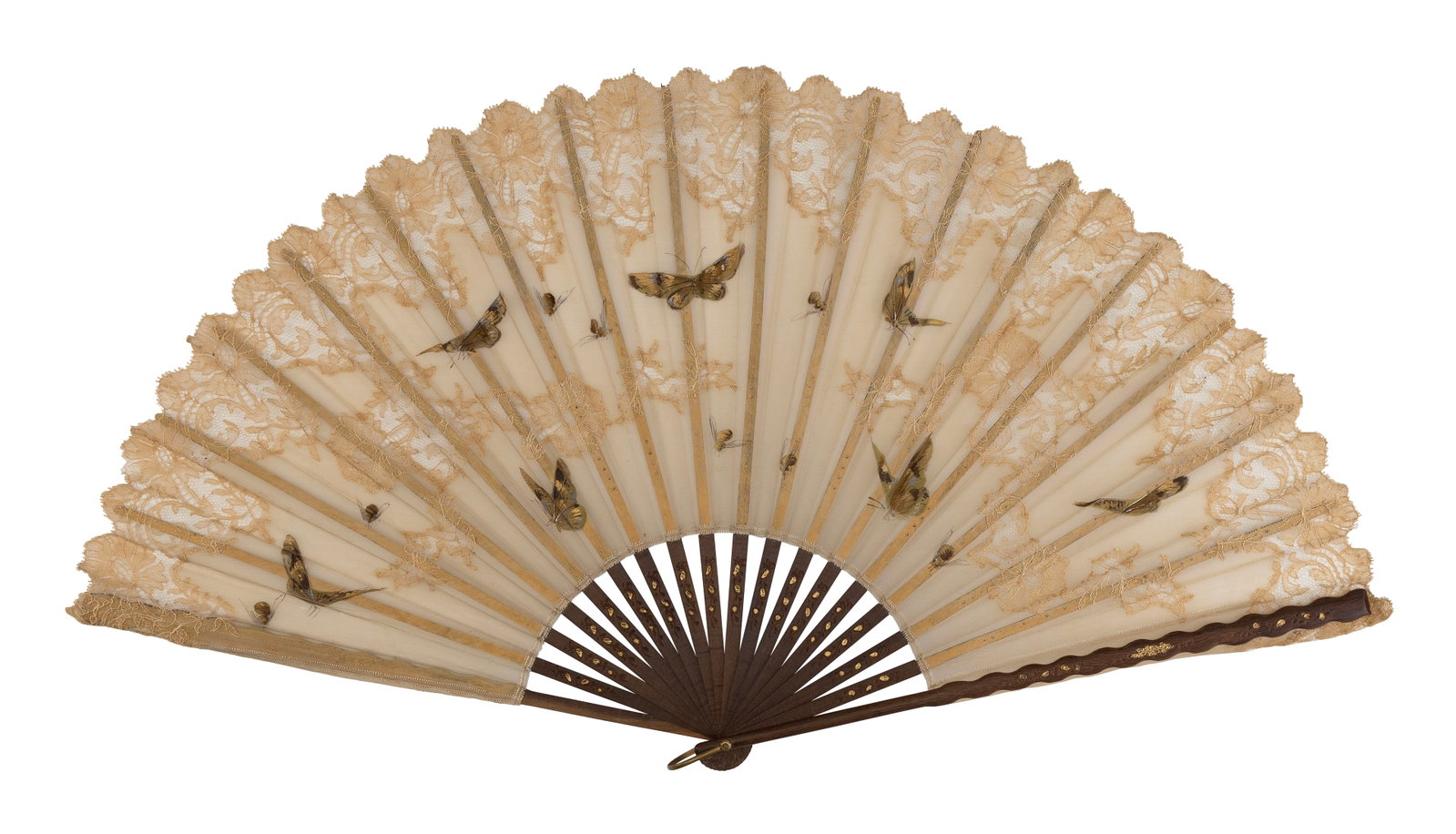 DELICATE PAINTED LACE FAN 19th Century Length 14".: DELICATE PAINTED LACE FAN 19th Century Design of butterflies and other insects. Wooden sticks. Includes cloth case. Length 14".