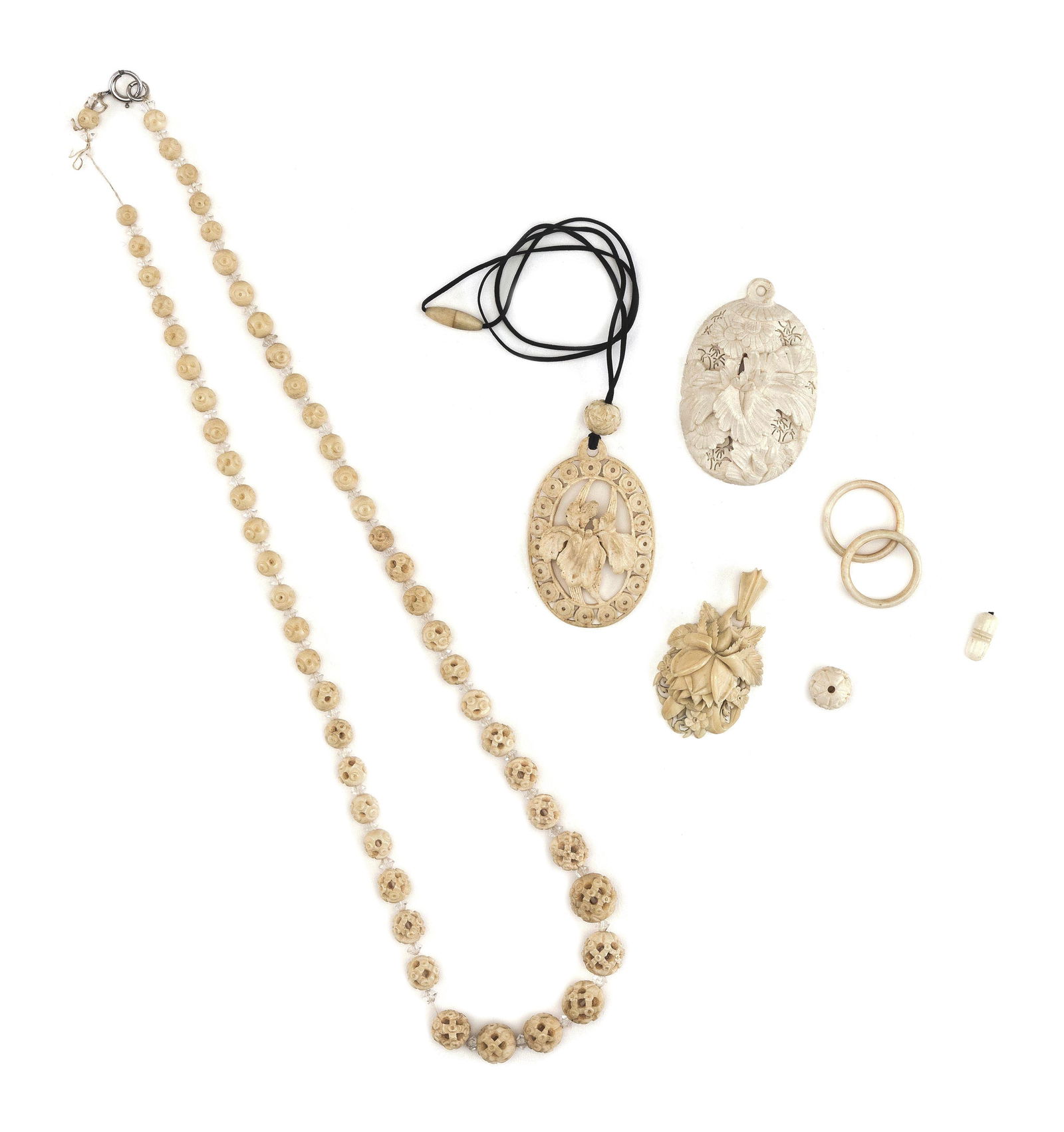 EIGHT PIECES OF CARVED JEWELRY 19th Century Necklace length 26". (1 of 1)