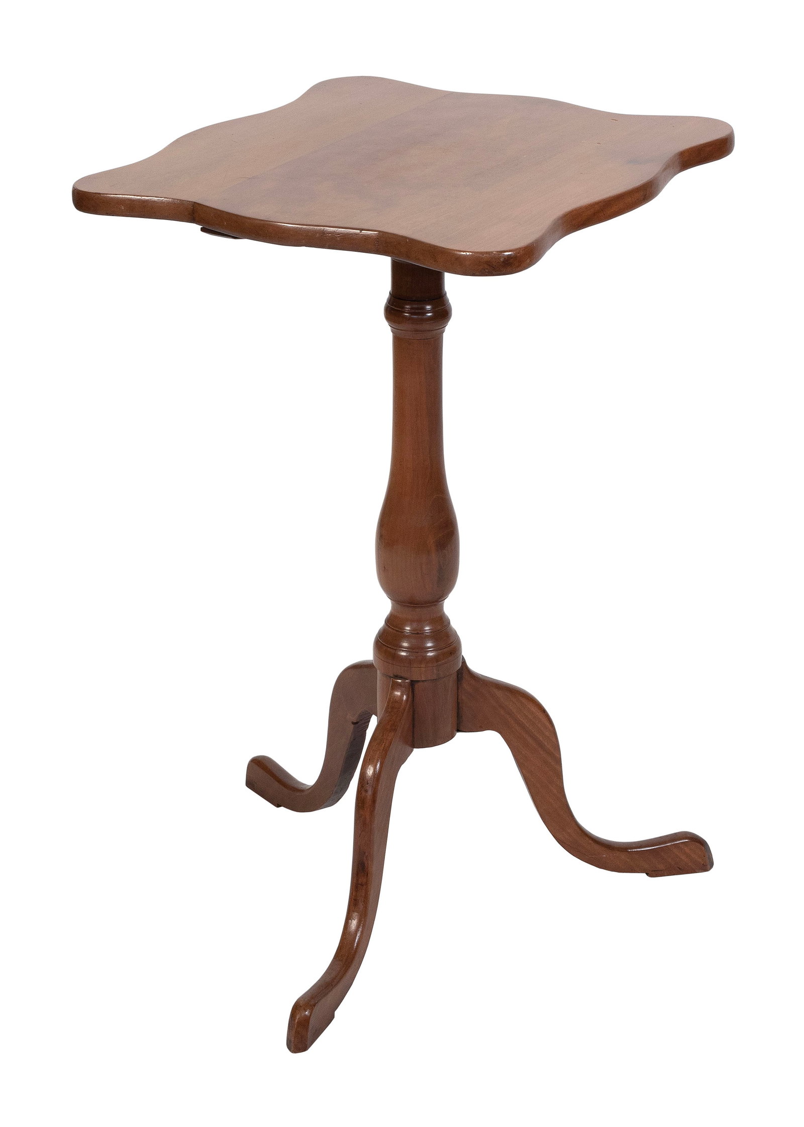 TILT-TOP CANDLESTAND Connecticut, Late 18th/Early 19th Century Height 28.5". Length 22.75".: TILT-TOP CANDLESTAND Connecticut, Late 18th/Early 19th Century In cherry, with a serpentine top and cabriole legs ending in snake feet. Height 28.5". Length 22.75".