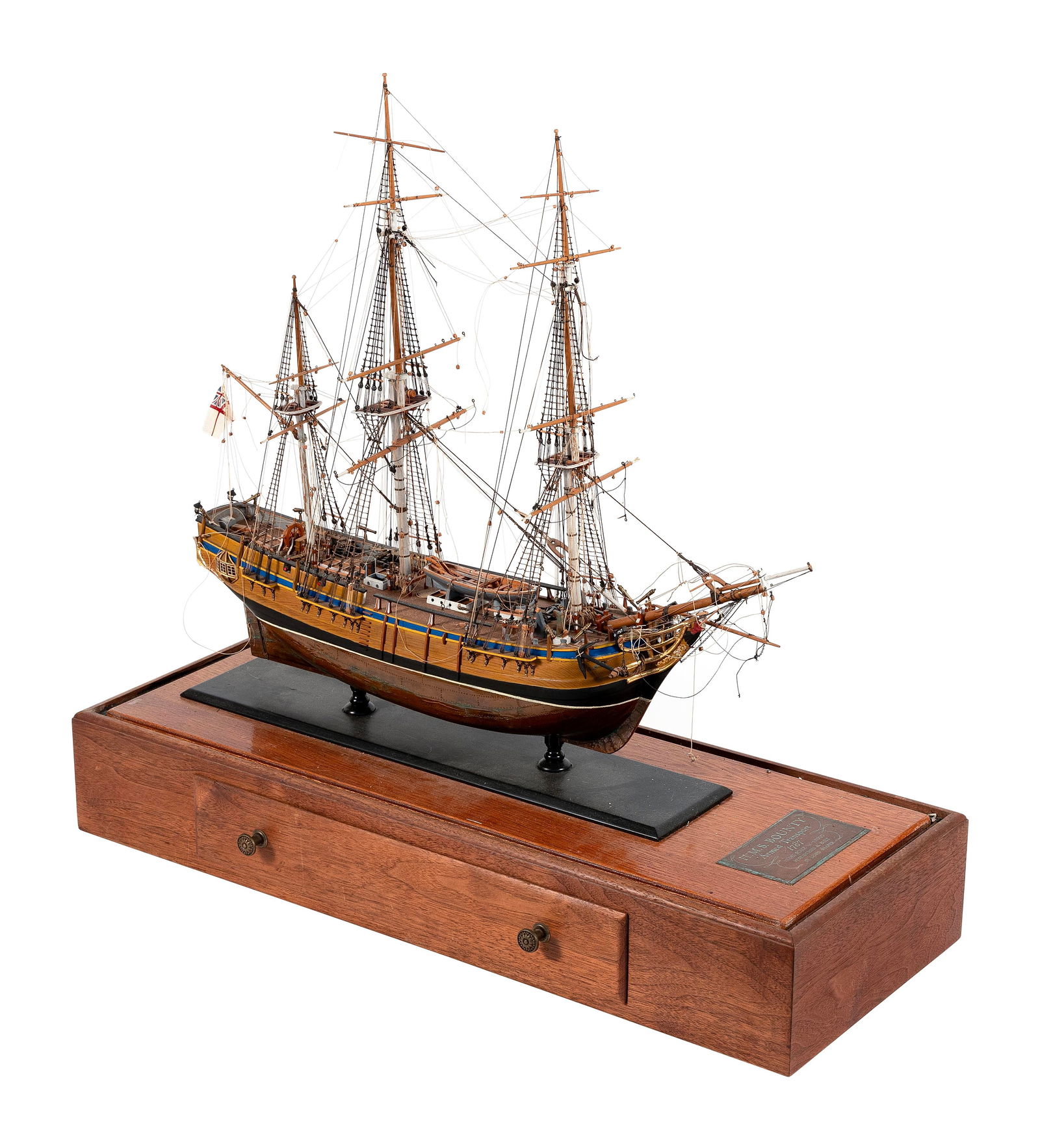 CASED SHIP MODEL OF THE H.M.S. "BOUNTY" 20th Century Case height 28.75". Length 28". Width 10".: CASED SHIP MODEL OF THE H.M.S. "BOUNTY"20th CenturyBrass identification label mounted to base.Case height 28.75". Length 28". Width 10".