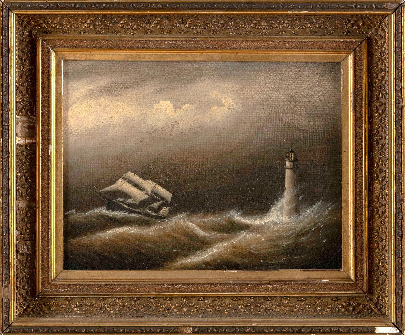 ATTRIBUTED TO CLEMENT DREW (Massachusetts, 1806-1889), Ship off Minots Ledge Light., Oil on canvas,: ATTRIBUTED TO CLEMENT DREWMassachusetts, 1806-1889Ship off Minots Ledge Light. Unsigned.Oil on canvas, 9" x 12". Framed 13.75" x 16.75".