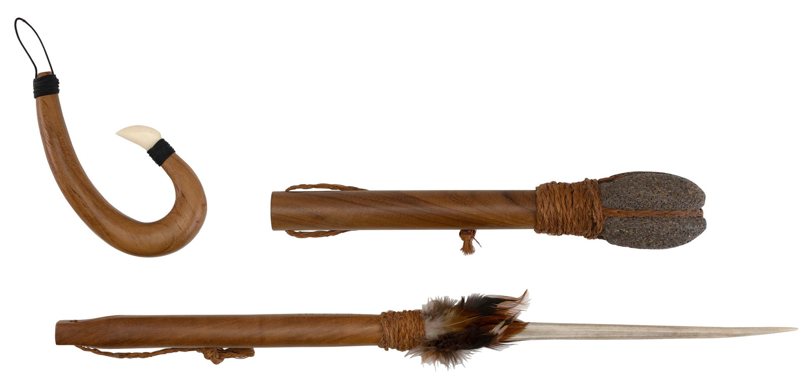 THREE ARTIFACTS , POSSIBLY KOA WOOD Hawaii, 20th Century Lengths from 6.5" to 21".: THREE ARTIFACTS, POSSIBLY KOA WOOD Hawaii, 20th Century A hook, a hand spear and a club with lava rock head, all handmade and signed by Paul Gephart. Lengths from 6.5" to 21".