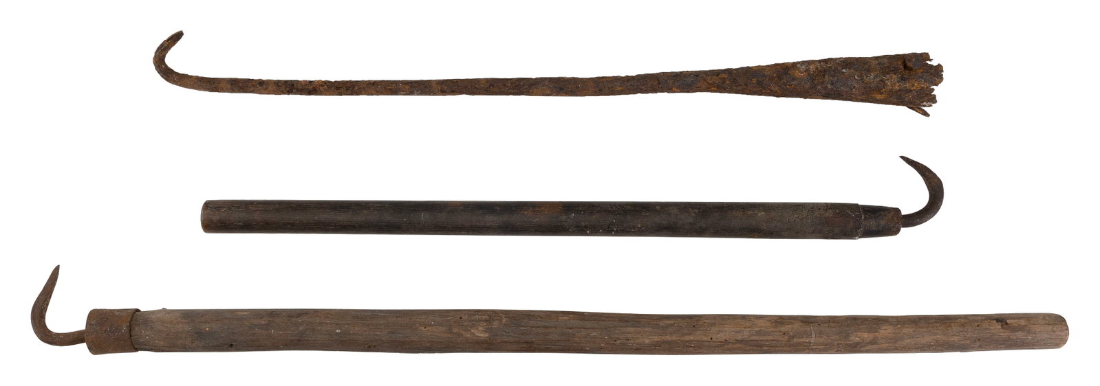 THREE BOAT HOOKS Late 19th/Early 20th Century Lengths from 21.5" to 29".: THREE BOAT HOOKS Late 19th/Early 20th Century Two with wooden handles. Lengths from 21.5" to 29". Provenance: The Collection of Bob and Nina Hellman, Nantucket, Massachusetts.