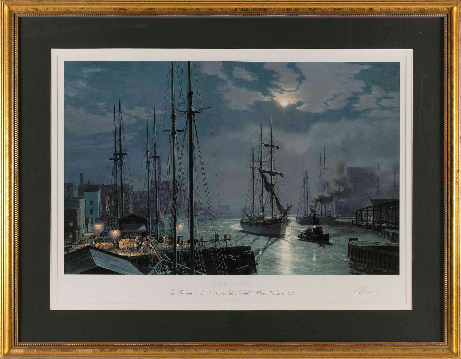 JOHN STOBART (Massachusetts/Florida/England, 1929-2023), "Chicago The Barkentine 'Naiad' Towing Past: JOHN STOBARTMassachusetts/Florida/England, 1929-2023"Chicago The Barkentine 'Naiad' Towing Past The Rush Street Bridge in 1872". Signed in plate and in pencil lower margin. Numbered 381/950.Limited ed