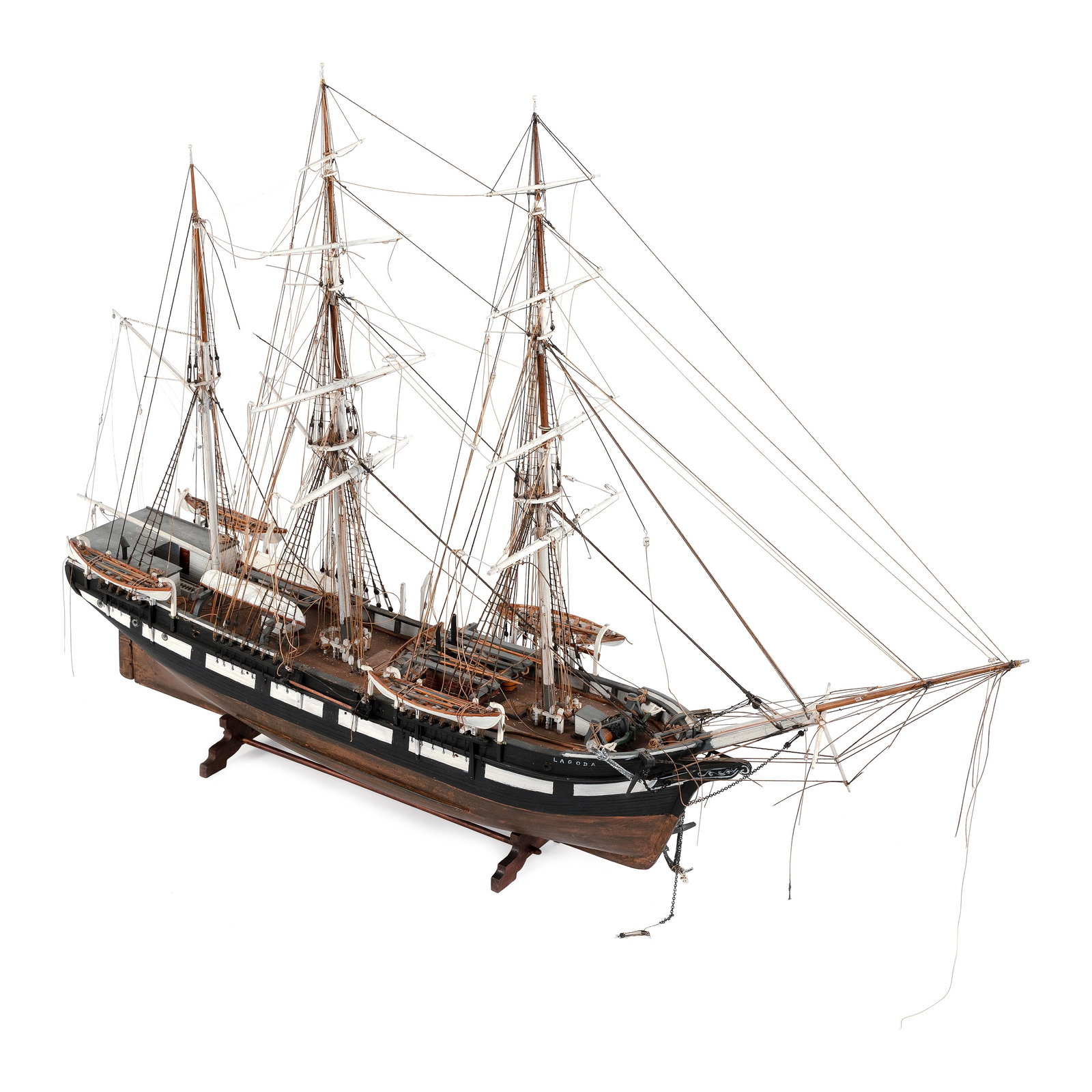 MODEL OF THE WHALESHIP "LAGODA" First Half of the 20th Century Total height 29". Length 40".: MODEL OF THE WHALESHIP "LAGODA" First Half of the 20th Century Displayed on a wooden cradle. Total height 29". Length 40".