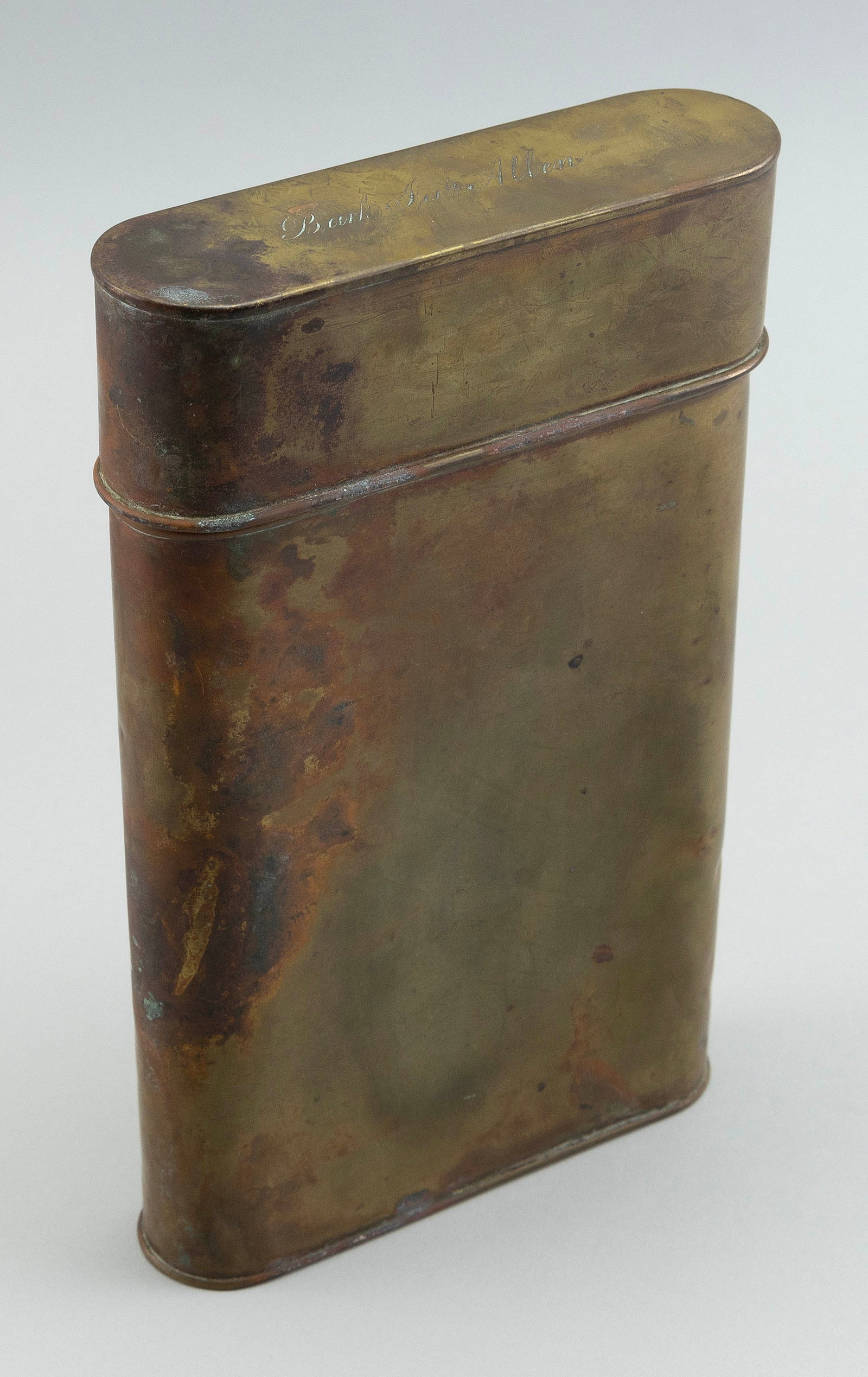 BRASS DOCUMENT BOX 19th Century Height 10".: BRASS DOCUMENT BOX 19th Century Oblong box, the hinged lid engraved "Bark Jas Allen". Height 10". Provenance: Barbara Johnson Whaling Collection.