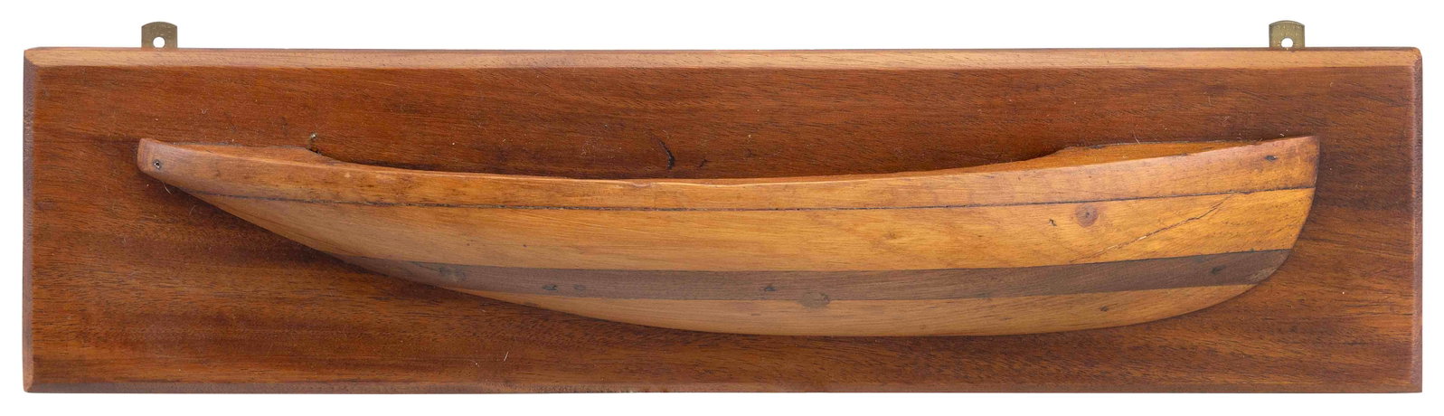 MOUNTED HALF HULL MODEL 20th Century Pine backboard 5” x 19.5”.: MOUNTED HALF HULL MODEL 20th Century Built up in four pine and walnut lifts. Pine backboard 5” x 19.5”.