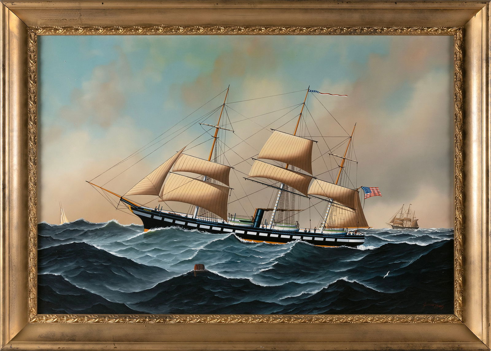 JEROME HOWES (New York/Massachusetts, 1955-), Ship at sea., Oil on board, 24" x 36". Framed 29" x: JEROME HOWESNew York/Massachusetts, 1955-Ship at sea. Signed lower right.Oil on board, 24" x 36". Framed 29" x 41".