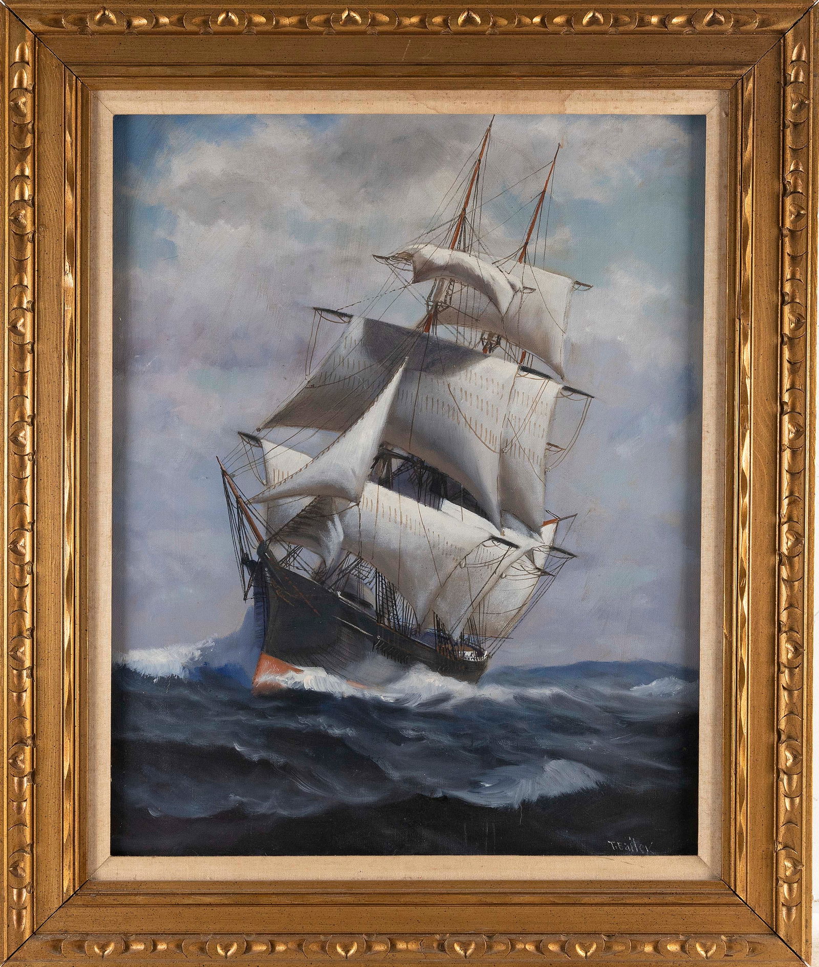 ATTRIBUTED TO WILLIAM FREDERICK PASKELL (Massachusetts, 1866-1951), Ship at sea., Oil on canvas, 32": ATTRIBUTED TO WILLIAM FREDERICK PASKELLMassachusetts, 1866-1951Ship at sea. Signed lower right "T. Bailey". Bailey was a pseudonym applied to various artists by dealer Morris Hambro.Oil on canvas, 32"