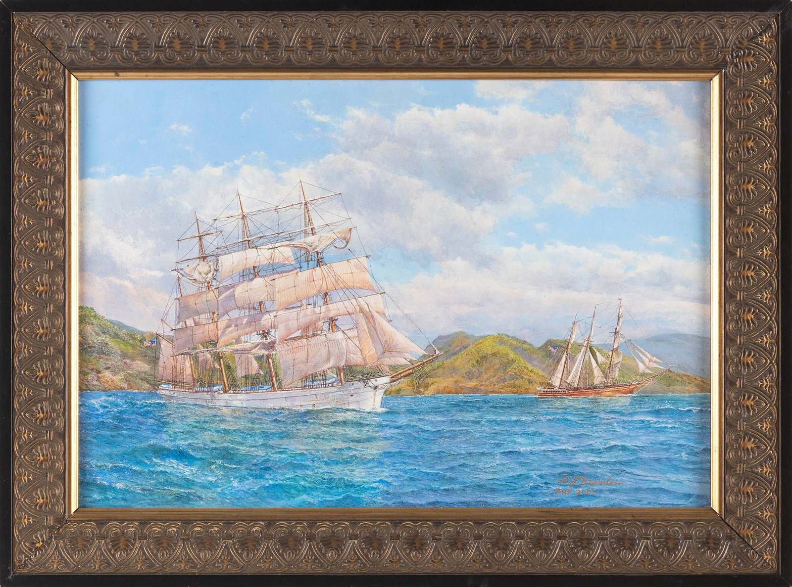 DAVID BEAUDOIN (America, Contemporary), Clipper ship., Oil on panel, 16” x 23.5”. Framed: DAVID BEAUDOIN America, Contemporary Clipper ship. Signed and dated lower right "D.J. Beaudoin Aug. 2001". Oil on panel, 16” x 23.5”. Framed 21” x 29”.