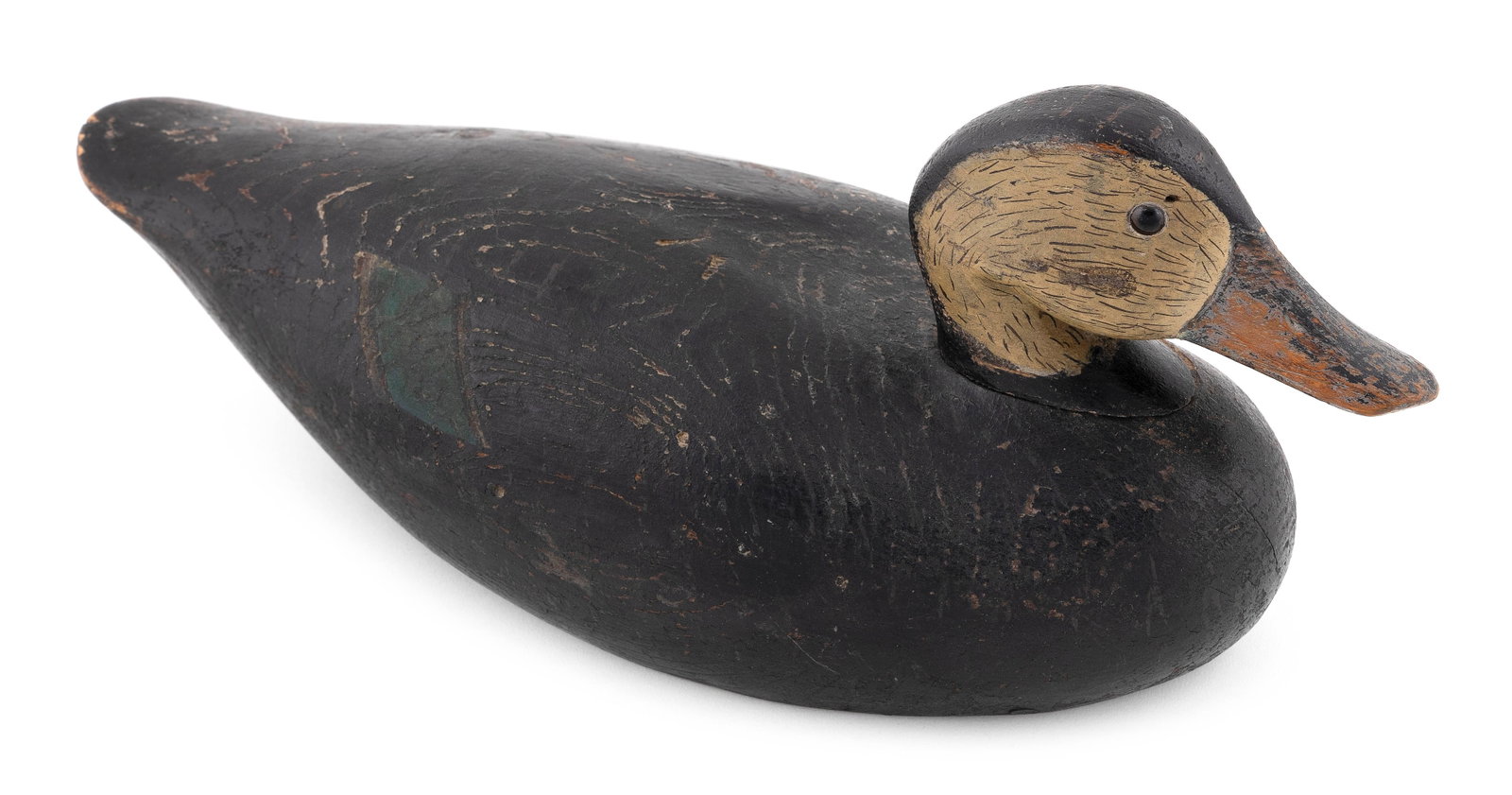 JOSEPH LINCOLN BLACK DUCK DECOY Accord, Massachusetts, 1859-1938 Length 17".: JOSEPH LINCOLN BLACK DUCK DECOY Accord, Massachusetts, 1859-1938 Old gunning repaint and wear. Length 17".
