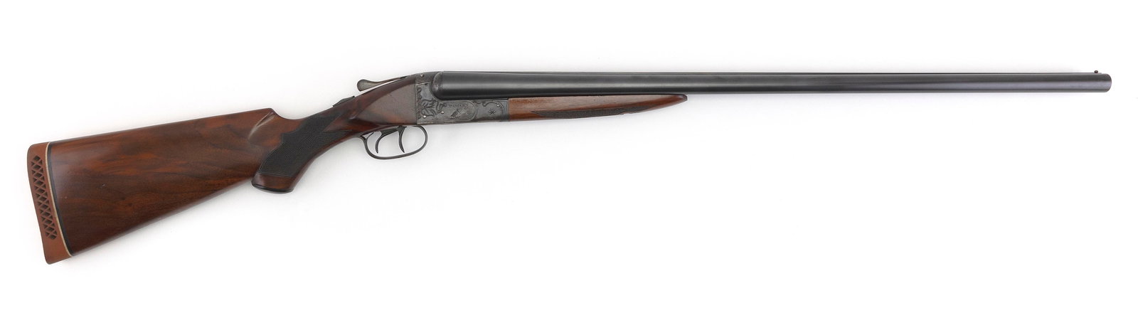 * ITHACA SIDE-BY-SIDE SHOTGUN 20th Century Length of barrels 28". Total length 45".: * ITHACA SIDE-BY-SIDE SHOTGUN20th Century12-ga., Serial #445791. Left and right side of frame etched with game. Choked F/M. *This lot will only be delivered to holders of a Federal Firearms Dealer's L