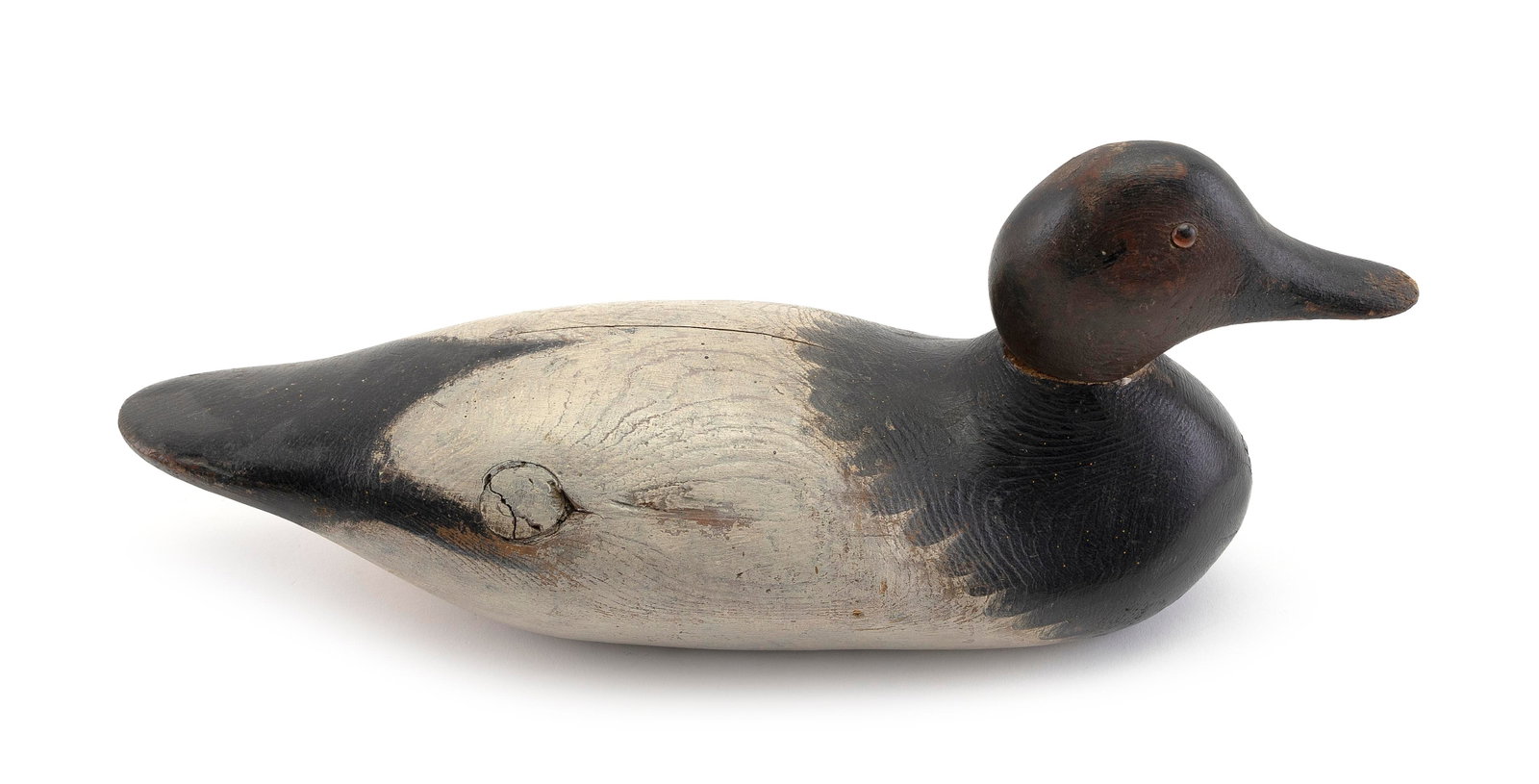 MASON STANDARD GRADE CANVASBACK DRAKE DECOY Detroit, Circa 1910 Length 14".: MASON STANDARD GRADE CANVASBACK DRAKE DECOY Detroit, Circa 1910 Original paint with gunning wear. Glass eyes. Length 14".