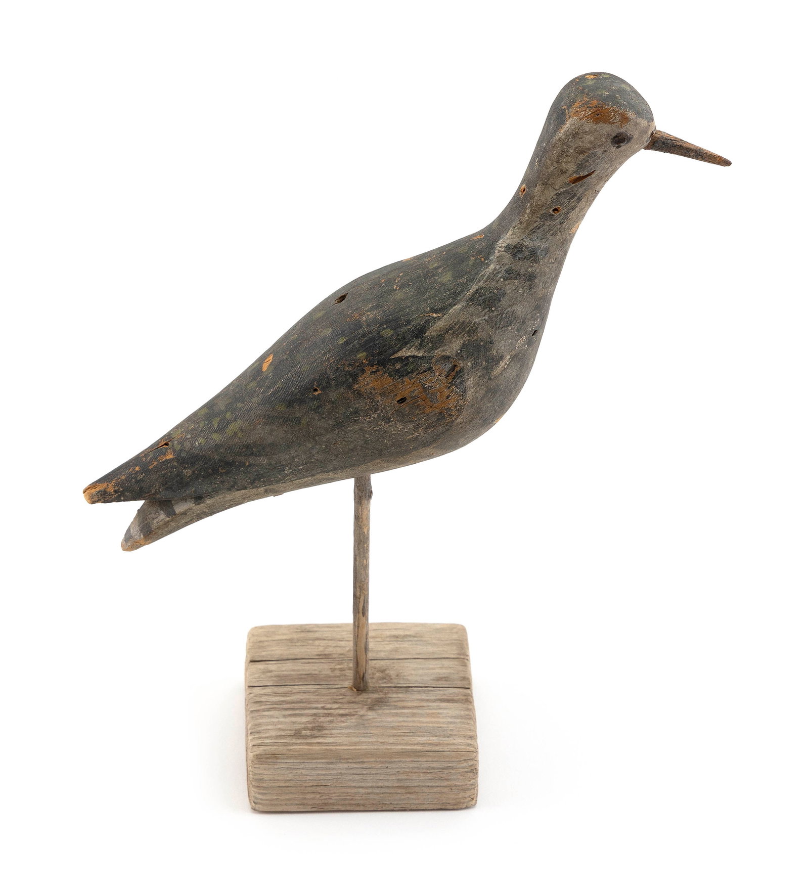 JOSEPH LINCOLN YELLOWLEGS DECOY Accord, Massachusetts, 1859-1938 Length 10".: JOSEPH LINCOLN YELLOWLEGS DECOY Accord, Massachusetts, 1859-1938 Circa 1900. Original paint. Tack eyes. Hit with shot. Length 10".