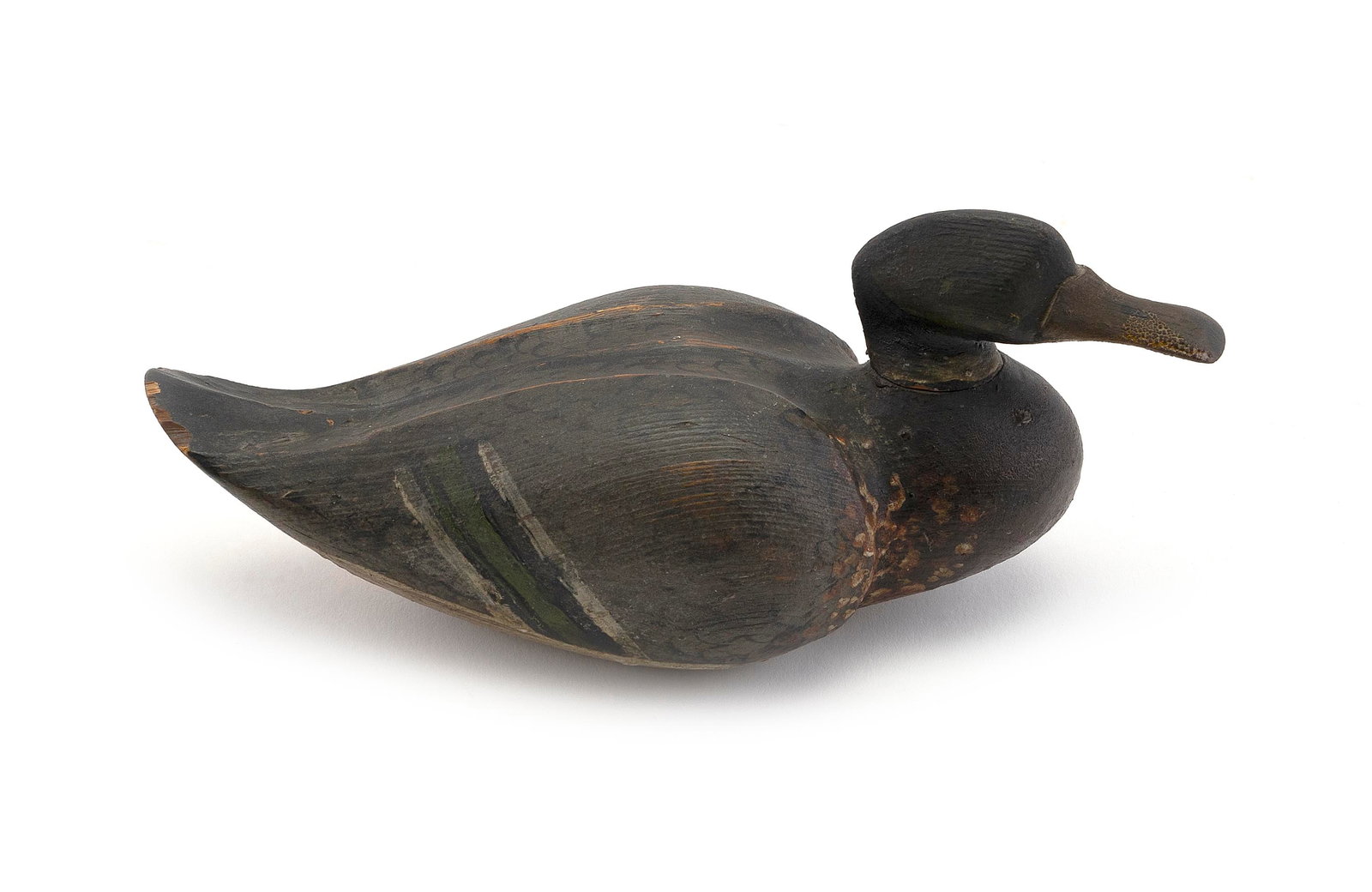 MINIATURE FOLKSY MALLARD DRAKE CARVING 19th Century Length 8".: MINIATURE FOLKSY MALLARD DRAKE CARVING 19th Century Maker unknown. Original paint. Tail chips. Length 8".