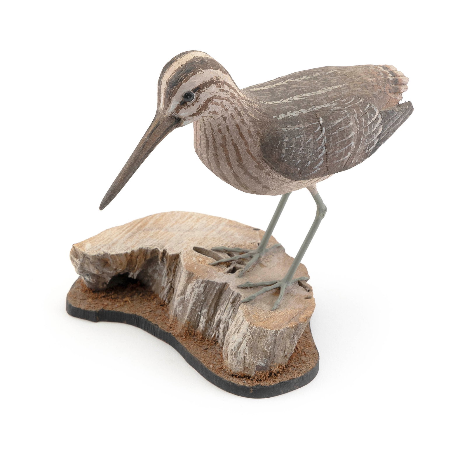 STAN SPARRE LIFE-SIZE SNIPE CARVING East Falmouth, Massachusetts, 1923-2011 Height 6".: STAN SPARRE LIFE-SIZE SNIPE CARVING East Falmouth, Massachusetts, 1923-2011 Mounted on a wood base. Signed on base. Height 6".