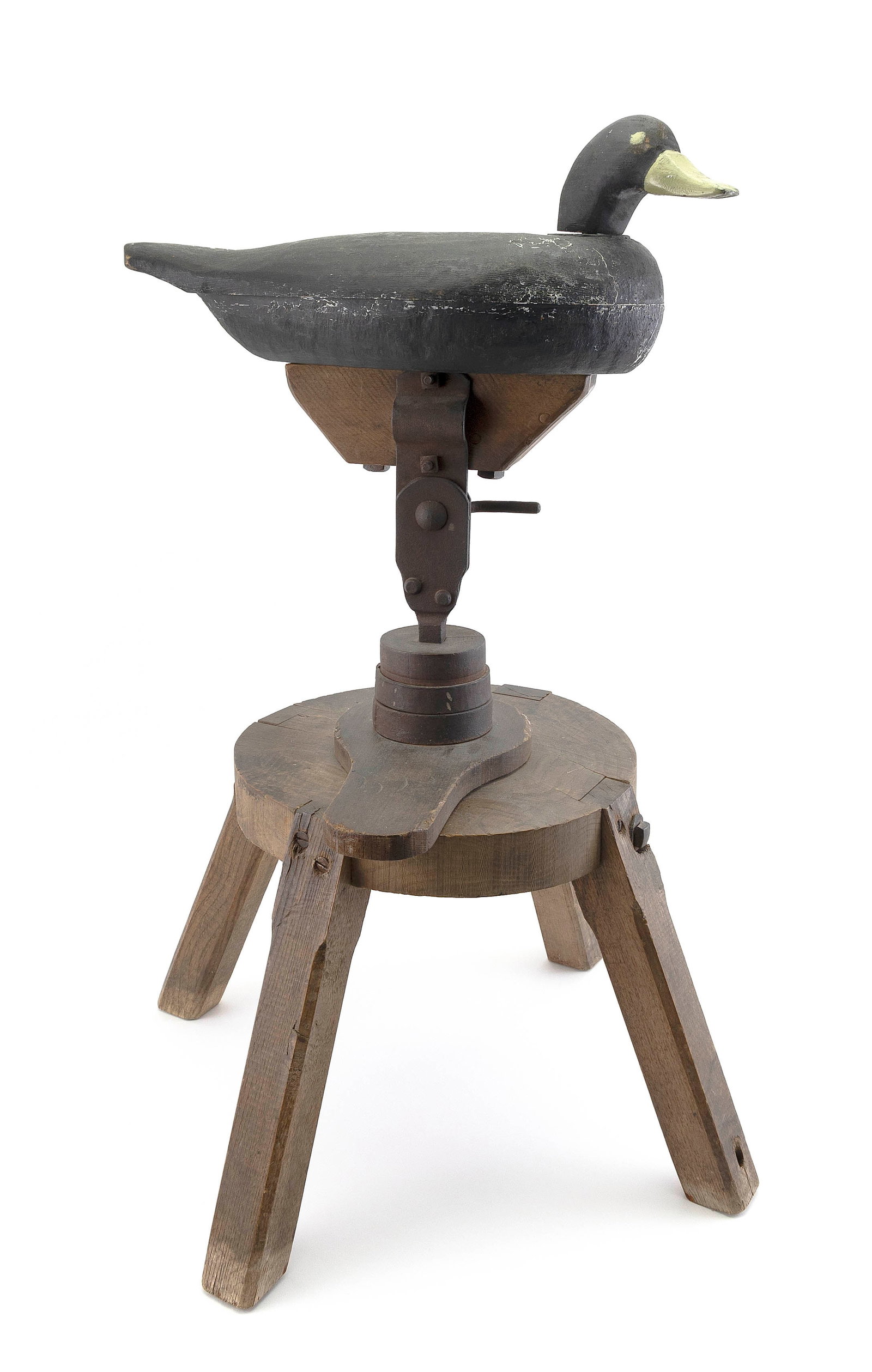 DECOY CARVER VISE AND A BLACK DUCK DECOY 19th Century Height 29".: DECOY CARVER VISE AND A BLACK DUCK DECOY 19th Century Wood and iron vise. Height 29".