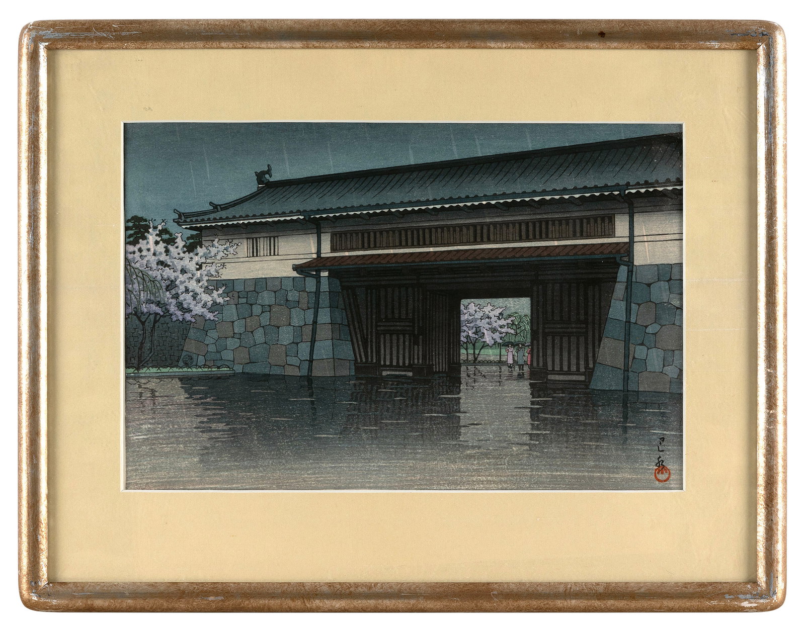 KAWASE HASUI (Japan, 1883-1957), Spring Rain at Sakurada Gate., Woodblock print, oban tate-e, 9" x (1 of 2)