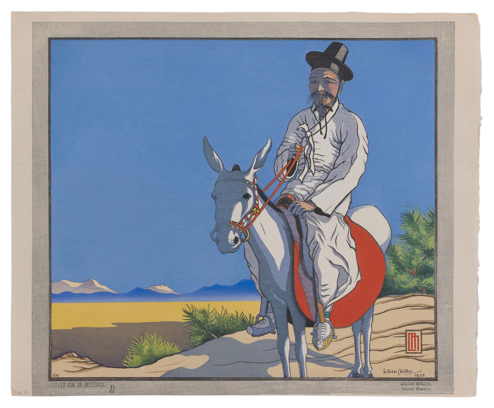 LILIAN MAY MILLER (California, 1895-1943), Father Kim on Muleback., Woodblock print, 12" x 14.5". (1 of 1)
