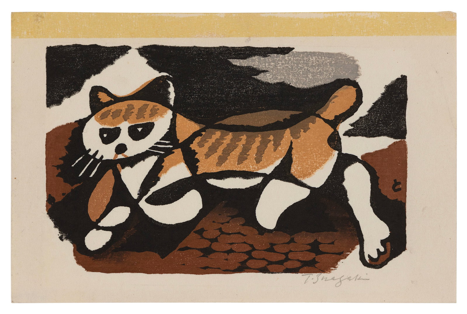 TOMOO INAGAKI (Japan, 1902-1980), Walking Cat., Woodblock print, surimono, 5" x 7.5". Unframed. (1 of 1)