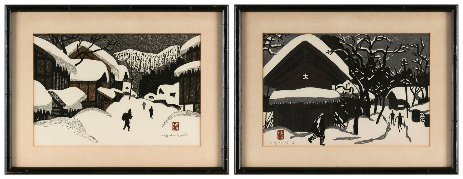 KIYOSHI SAITO (Japan, 1907-1997), Two Winter in Aizu views., Woodblock prints, 10" x 15" sight. (1 of 5)