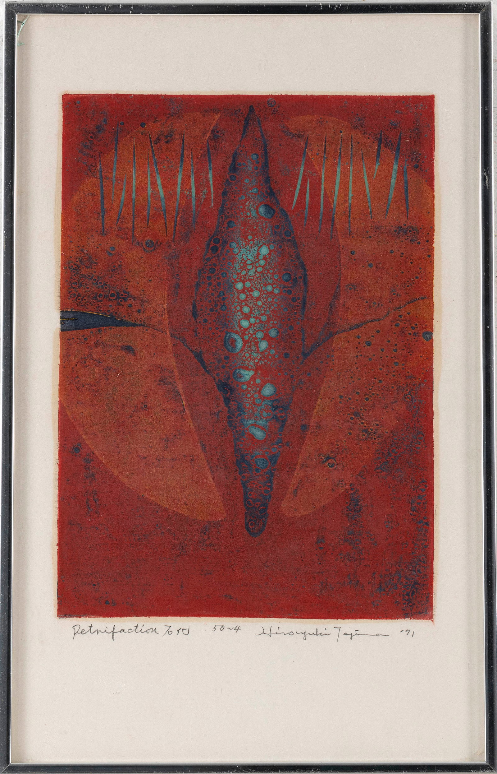 HIROYUKI TAJIMA (Japan, 1911-1984), Petrifaction Tosu., Woodblock print, 19" x 12". Unframed. (1 of 2)