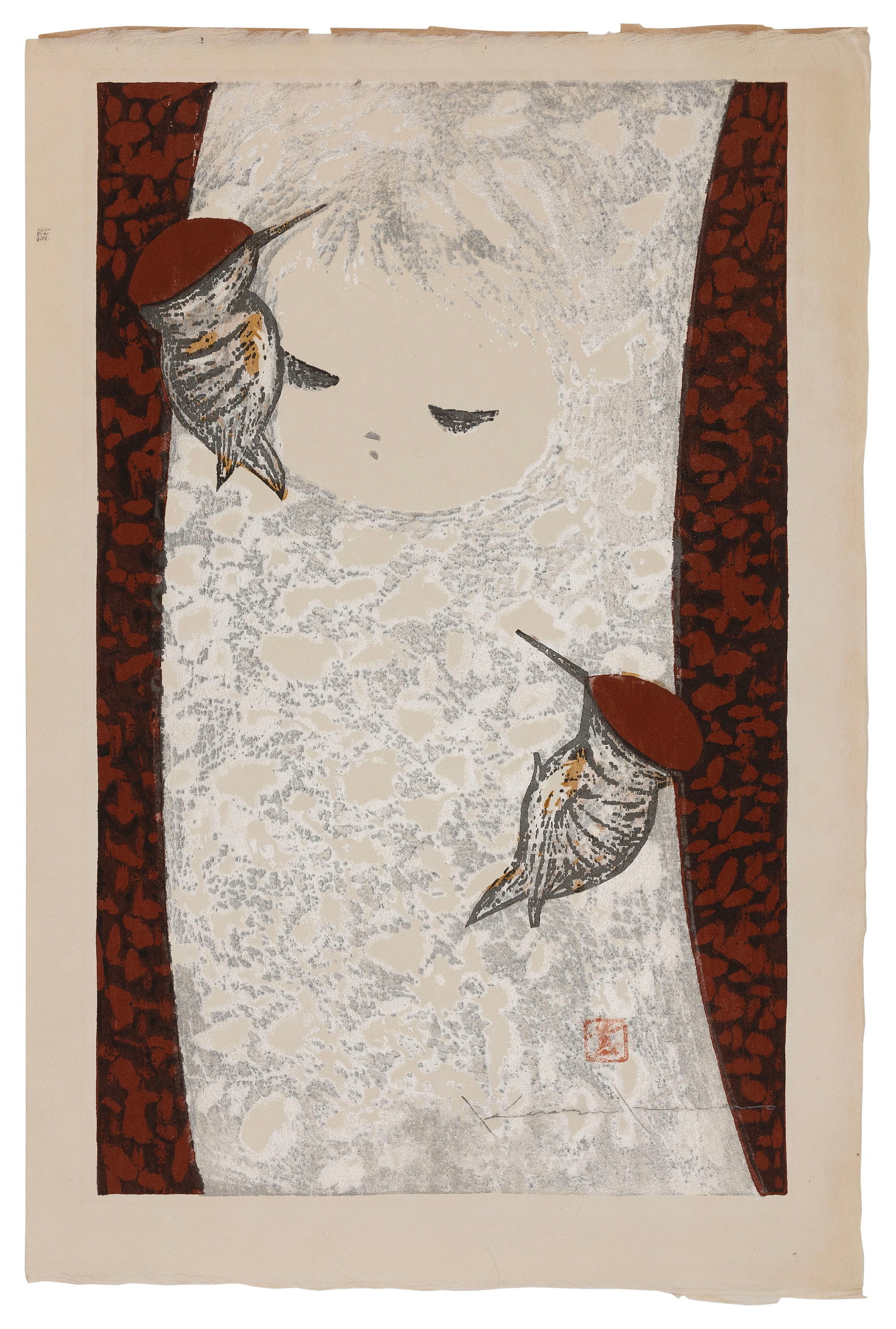 KAORU KAWANO (Japan, 1916-1965), Girl with Woodpeckers., Woodblock print, 17" x 11". Unframed.: KAORU KAWANO Japan, 1916-1965 Girl with Woodpeckers. Signed and seal marked in image lower right. Woodblock print, 17" x 11". Unframed.