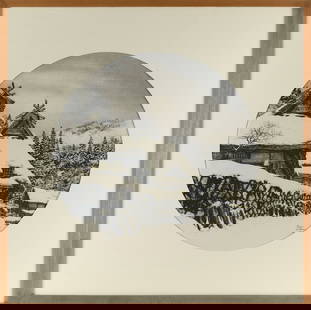 BRIAN WILLIAMS (Japan/America, 1950-), Houses and Woodpiles Under Snow., Print, diameter 22.5".: BRIAN WILLIAMSJapan/America, 1950-Houses and Woodpiles Under Snow. Signed and dated lower right "Brian Williams ?87". Numbered 45/75.Print, diameter 22.5". Framed 34.25" x 34.25".