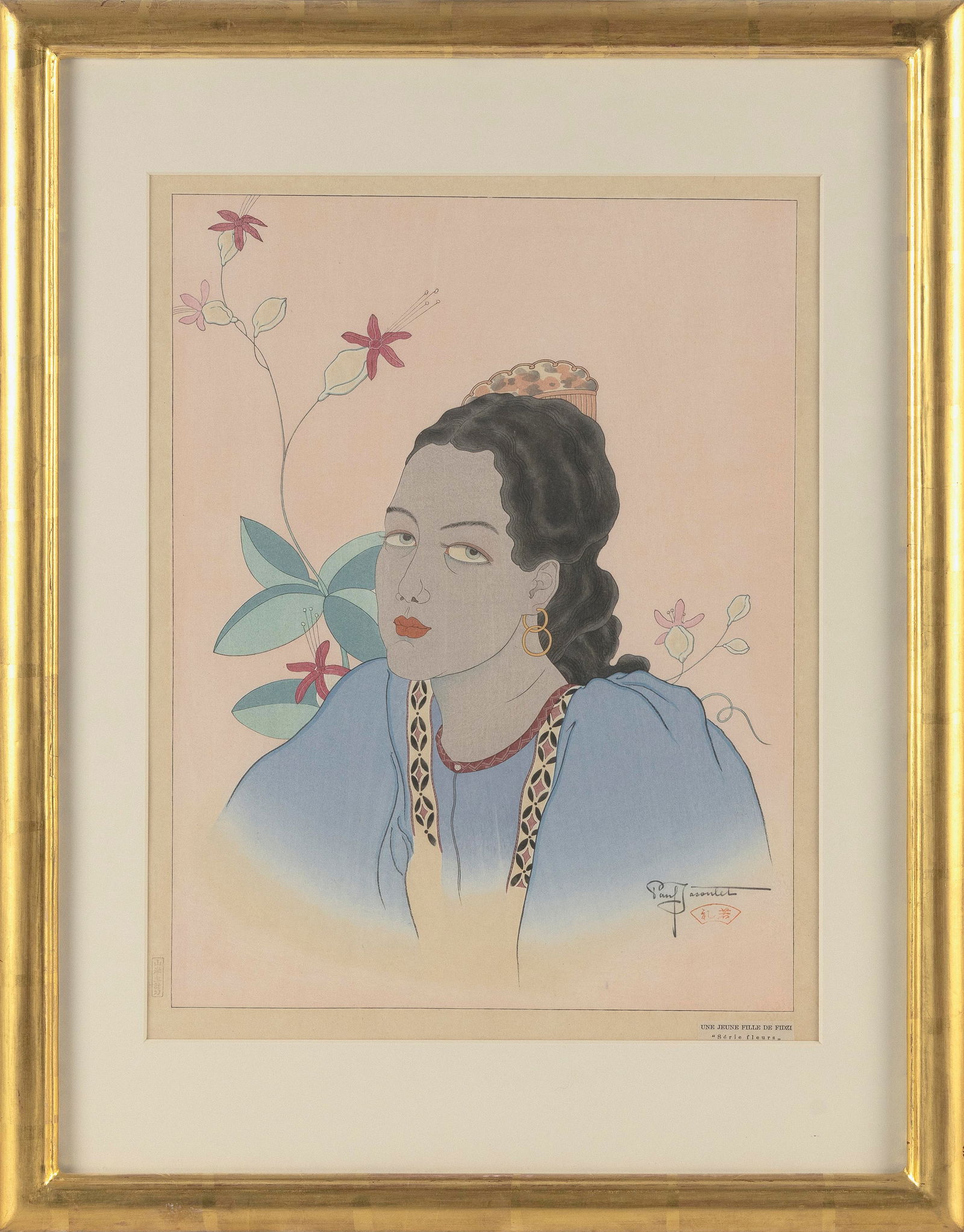 PAUL JACOULET (France/Japan, 1902-1960), Une Jeune fille de Fidzi. Serie fleurs (#16)., Woodblock: PAUL JACOULETFrance/Japan, 1902-1960Une Jeune fille de Fidzi. Serie fleurs (#16). Published 24 February 1935. Signed in pencil above the Fan seal. Seal of the carver, Kazuo Yamagishi, lower left margi